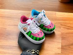 Custom Cocomelon Themed Af1s. - Kiauns Customs LLC Coco Melon Shoes, Custom Toddler Shoes, Cocomelon Shoes, Custom Baby Shoes, Custom Sneakers Diy, Air Force 1s, Gold And Purple, Camping Items