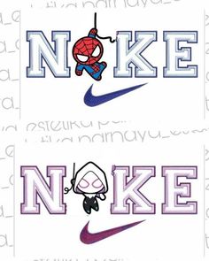 the nike logo is shown in purple and blue, with an image of a spiderman hanging