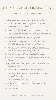 a sheet of paper with the words, christian affirmations for a good morning