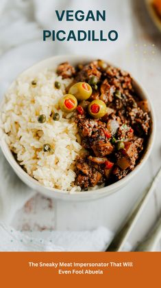 bowl of vegan cuban-inspired picadillo in a bowl with rice Dominican Vegan Recipes, Vegan Picadillo, Cuban Picadillo, Picadillo Recipe, Vegan Ground Beef, Delicious Rice, Spanish Recipes, Vegan Mushroom, Herbs Spices