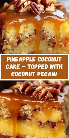 a piece of pineapple coconut cake topped with coconut pecan