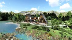 this is an artist's rendering of a house on the edge of a lake