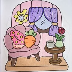 a drawing of a pink chair with purple curtains and flowers on the armrests