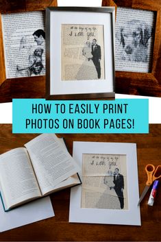 an open book sitting on top of a wooden table next to two pictures and scissors