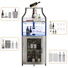 an image of a wine cooler with bottles and glasses on it's side, labeled