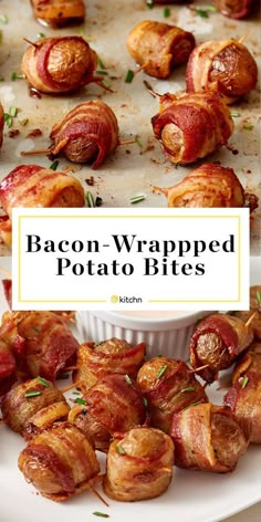 bacon wrapped potato bites on a white plate with the title overlay reads bacon wrapped potato bites