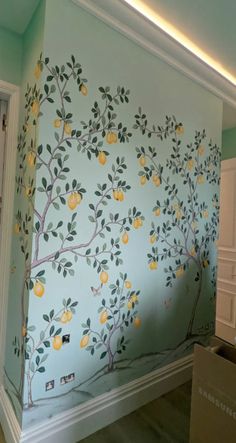 the wall is painted with lemons on it