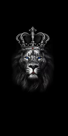 a lion with a crown on its head and blue eyes in the dark, against a black background