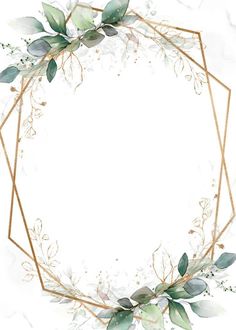 a gold frame with green leaves and branches on white marble background, watercolor painting