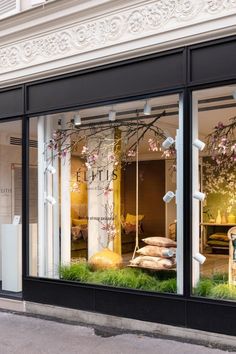 a store window with flowers and pillows in it