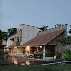 an artist's rendering of a house with cars parked in the driveway and landscaping around it