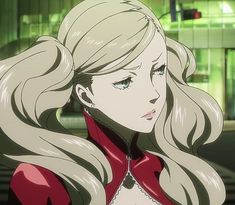 an anime character with long blonde hair wearing a red jacket and white shirt looking off to the side