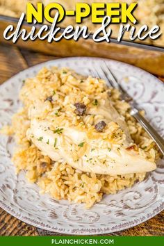 no - peek chicken and rice on a plate with a fork