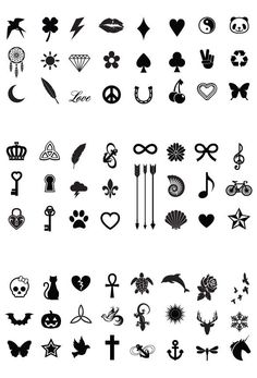 a large set of different symbols and icons in black and white, including hearts, crosses,