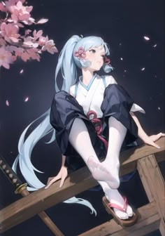 a woman sitting on top of a wooden bench next to pink flowers and cherry blossoms