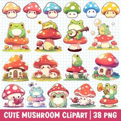 cartoon mushroom clipart set with cute animals and mushrooms