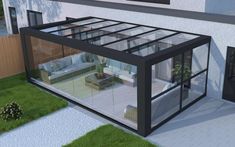 an image of a house with glass walls on the front and back porch area in 3d