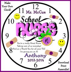 a clock with the words school nurse appreciation written in pink and purple on it's face