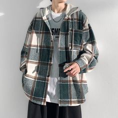 Bonsir Autumn Black/Green Woolen Shirt Men Fashion Casual Plaid Hooded Shirt Men Korean Loose Long-sleeved Shirt Mens Plus Size M-5XL Plaid Outerwear, New College, Streetwear Jeans, Graphic Print Shirt, Loose Fashion, Hooded Jacket Men, Mens Fashion Jeans, Korean Couple