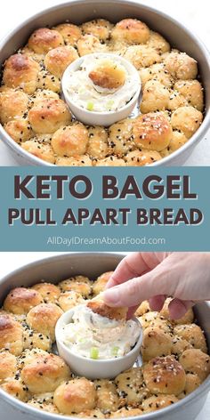 keto bagel pull apart bread in a baking pan with dipping sauce on top