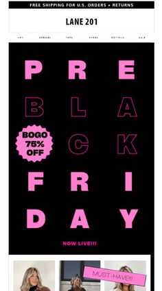 a black friday sale with pink lettering on it