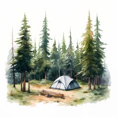 a watercolor painting of a tent in the middle of a forest with pine trees