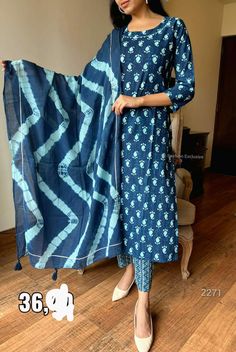 Blue Bandhani Print Churidar With Straight Kurta, Bavriya Work Kurti, Lahriya Kurti Design, Bagru Print Kurtis, Kota Doriya Kurti Designs, Girls Party Wear, Kurti Neck, Kurti Neck Designs, Casual Work