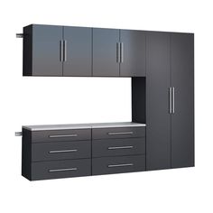 a black and white photo of a wall unit with drawers, cabinets and cupboards