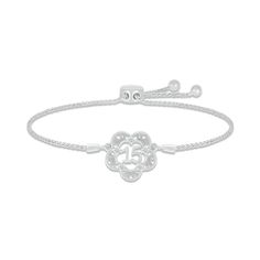 Honor her Quinceañera with this beautiful bolo bracelet featuring the number 15. Set in classic sterling silver, the flower-shaped center gleams with sparkling white lab-created sapphires, perfect for an April birthday. The wheat chain adjusts up to 9.5 inches and secures with a sliding bolo clasp. Number 15, Bolo Bracelet, April Birthday, October Birthday, White Lab, Bracelet Sterling Silver, Quinceanera, Sterling Silver Bracelets, Wheat