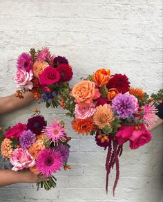 two hands holding colorful flowers against a white brick wall