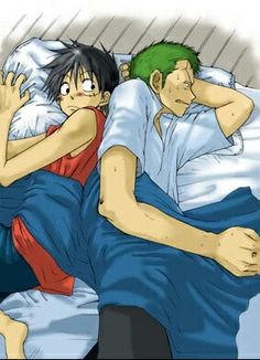 two anime characters laying in bed with one holding the other's arm up to his head