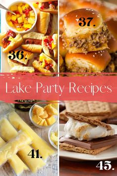 four different pictures with the words lake party recipes on them, including sandwiches and desserts