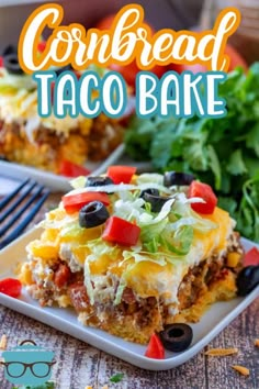 a close up of a plate of cornbread taco bake