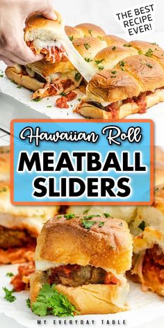 hawaiian roll meatball sliders on a white plate with text overlay that says hawaiian roll meatball slides