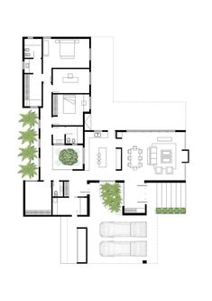 the floor plan for this modern house shows all the living areas and dining room, as well as an outdoor area