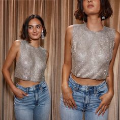 This Top Is Definitely For Main Characters Only. This Gorgeous Silver Top Is The Definition Of Sparkly. This Sleeveless Top Has A High Neckline, Tank Fit And A Backless Detail With Adjustable Clasps At The Neckline And At The Waist. This Is The Perfect Top To Wear To A Music Festival Or For Your Bachelorette. This Top Will Get You So Many Compliments And Will Embody Your Main Character Energy! This Top Is One Size Fits All But I Am Going To Put The Sizes As Options In This Listing. Please Take I Silver Mesh Top Outfit, Jeweled Top Outfit, Bejeweled Top Outfit, Silver Top With Jeans, Shimmer Top, Metallic Shirt Outfit, Sparkly Shirt, Going Out Tops For Big Bust, Glitter Tank Top