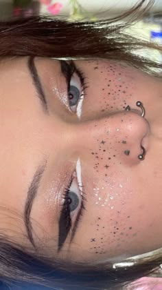 tattoo glitter freckles makeup Star Freckle Tattoo Face, Glitter Placement Face, Fairy Face Tattoo, Glitter Freckles Makeup, Star Freckles Makeup, The Last Unicorn Makeup, Crystal Freckles, White Freckles Makeup, Fairy Glitter Makeup