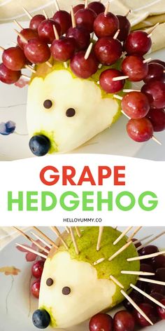 grapes and cheese hedgehogs on sticks with the words grape hedgehog over them