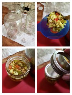 four different pictures of food in jars on a table