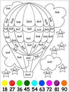 a color by number page with an image of a hot air balloon in the sky