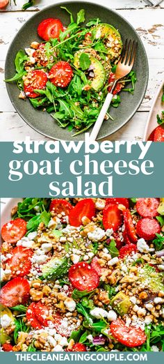 a salad with spinach, tomatoes and goat cheese on top is shown in two separate images