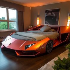 a bedroom with a bed made out of an orange sports car and lights on the headboard