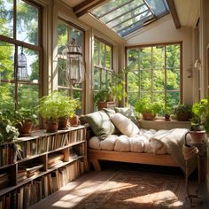 a sun room filled with lots of plants and books