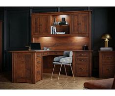 an office with wooden furniture and black walls