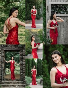 a woman in a red dress posing for pictures