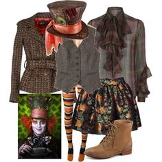 there is a costume and accessories on display in this image, including boots, jacket, skirt, hat, scarf, shirt, tie, socks, leggings