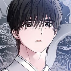 an anime character with black hair and blue eyes looks at the camera while wearing a white shirt