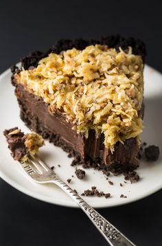 a piece of chocolate cake on a plate with a fork