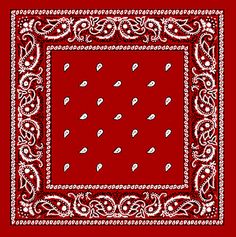 a red bandanna with white designs on it