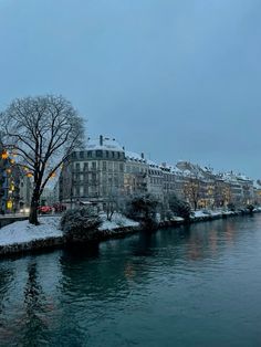 a river with buildings and trees covered in snow